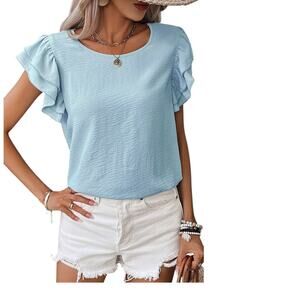 Mist Blue Ruffled Short Sleeve Top New Sizes: M L XL
